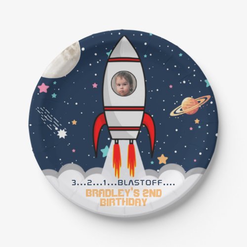 Two the Moon Rocket Ship 2nd Birthday Photo Paper Plates