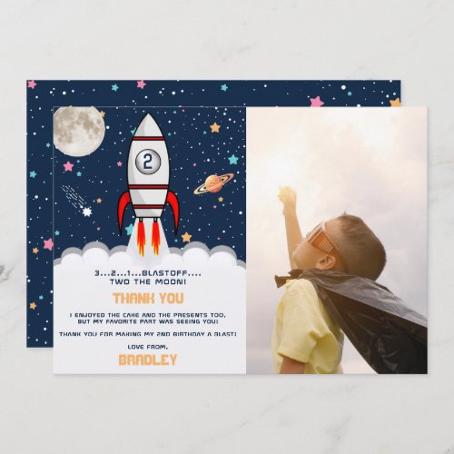 Two the Moon Rocket Ship 2nd Birthday Photo Thank You Card