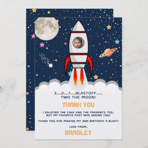 Two the Moon Rocket Ship 2nd Birthday Photo Thank You Card