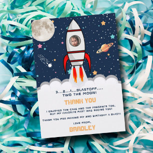 Two the Moon Rocket Ship 2nd Birthday Photo Thank You Card