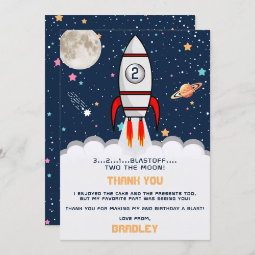 Two the Moon Rocket Ship 2nd Birthday Thank You Card