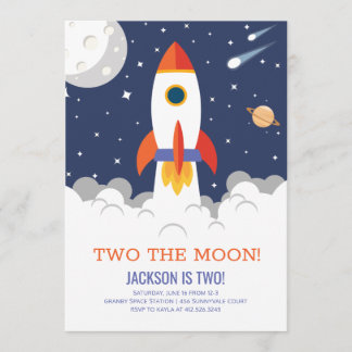 Two the Moon Rocket Ship Birthday Invitation