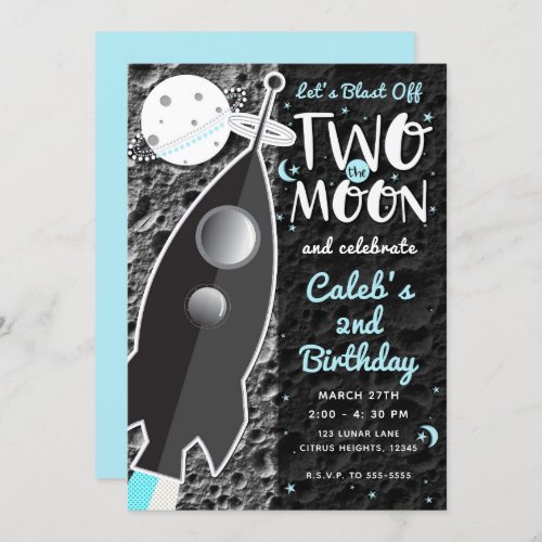 TWO THE MOON Rocket Ship Space 2nd Birthday Party Invitation