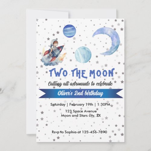 Two The Moon Rocket Space Blue Boy 2nd Birthday  Invitation