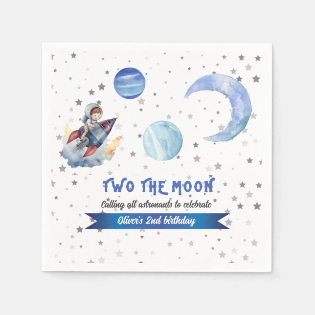 Two The Moon Rocket Space Blue Boy 2nd Birthday  Napkins (Front)