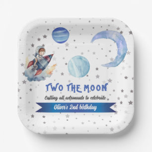 Two The Moon Rocket Space Blue Boy 2nd Birthday Paper Plates