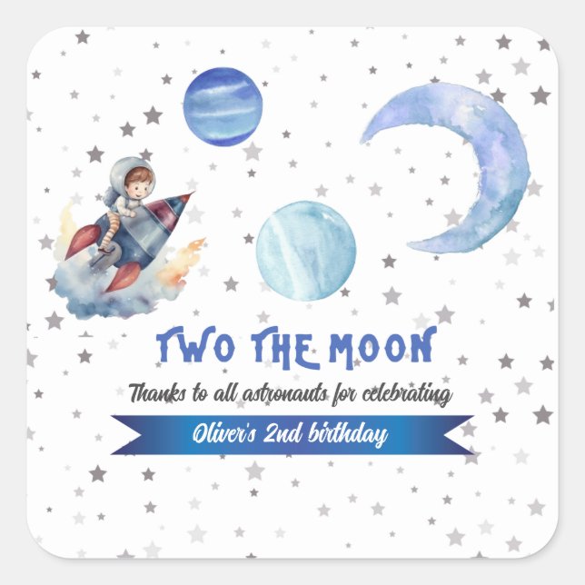 Two The Moon Rocket Space Blue Boy 2nd Birthday  Square Sticker (Front)
