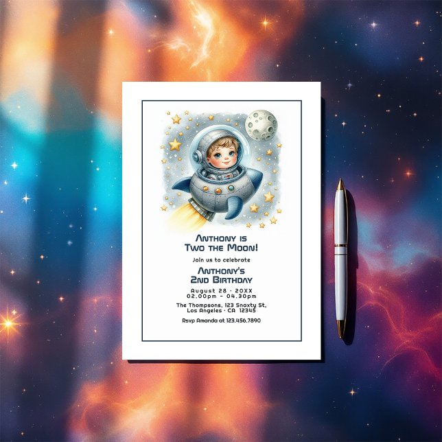 “Two the Moon” Rocket Toddler Birthday Party Invitation (“Two the Moon” Rocket Toddler Birthday Party Invitation)