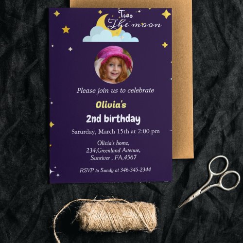 Two the moon secong birthday girl birthday party  invitation