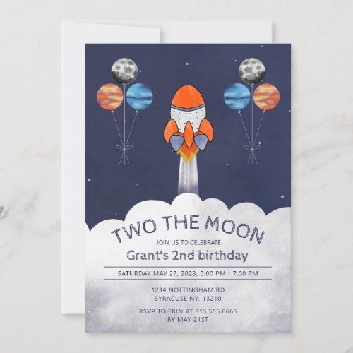 Two the Moon Space 2nd Birthday Party Invitation 