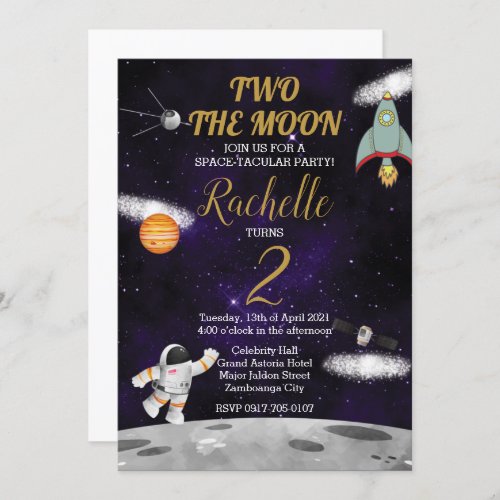 Two the Moon Space Astronaut Birthday Invitation