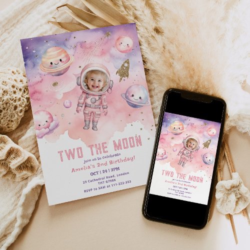 Two the Moon Space girl Astronaut photo birthday Invitation