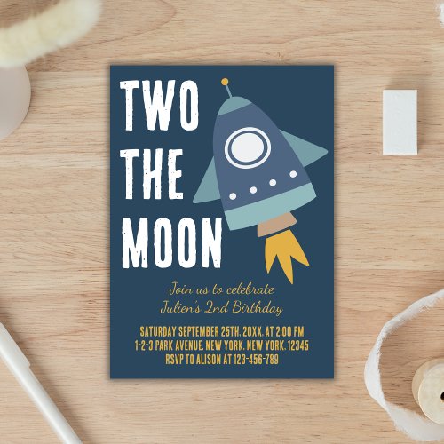 Two the Moon Space Rocket 2nd Birthday Party Invitation