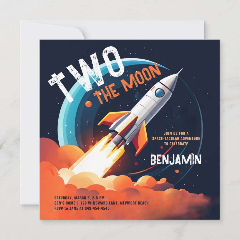 Two the Moon Space Rocket Planets Boy 2nd                    Birthday Invitation