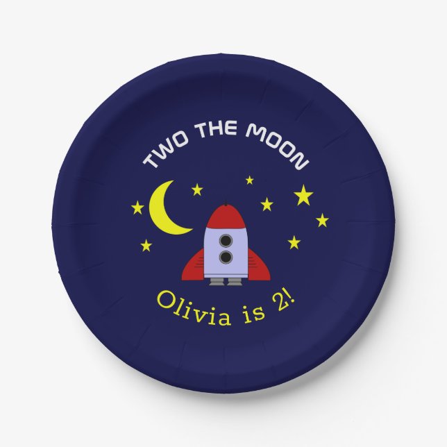 Two The Moon Space Rocket Ship 2nd Birthday Paper Plates (Front)