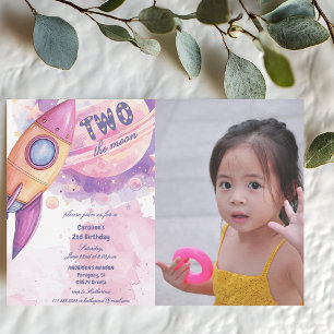 Two The Moon Space Ship 2nd Photo Pink Birthday Invitation