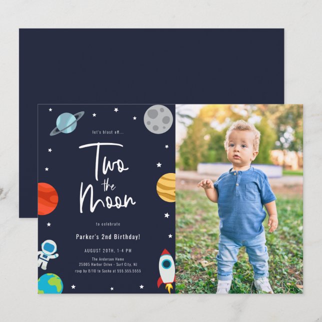Two The Moon Space Theme Birthday Party Photo Invitation (Front/Back)