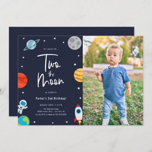 Two The Moon Space Theme Birthday Party Photo Invitation