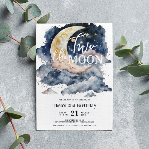 Two the Moon Watercolor Boy 2nd Birthday Invitation