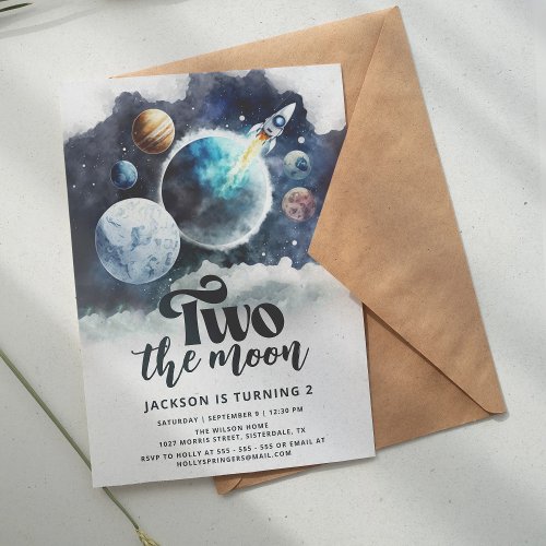 Two the Moon Watercolor Galaxy Modern 2nd Birthday Invitation