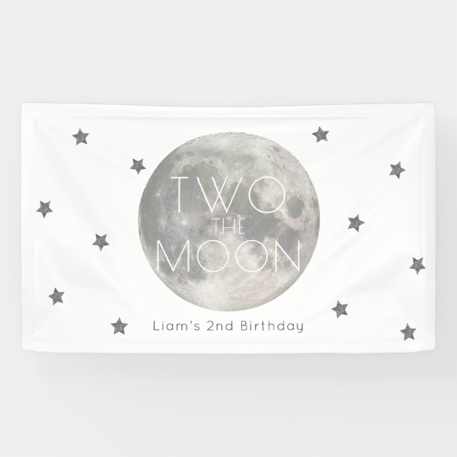 Two the Moon White Silver Boy 2nd Birthday Banner (Horizontal)