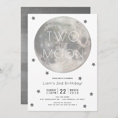 Two the Moon White Silver Boy 2nd Birthday Invitation