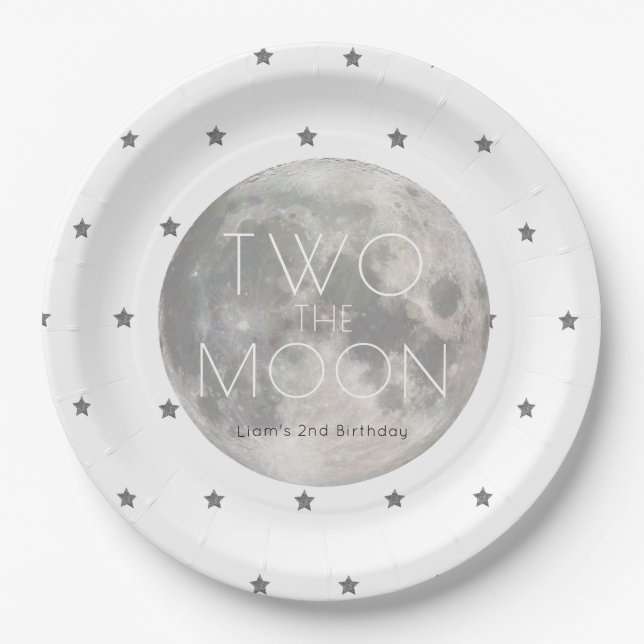 Two the Moon White Silver Boy 2nd Birthday Paper Plates (Front)