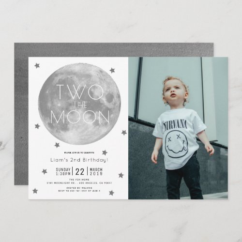 Two the Moon White SIlver Boy Photo 2nd Birthday Invitation