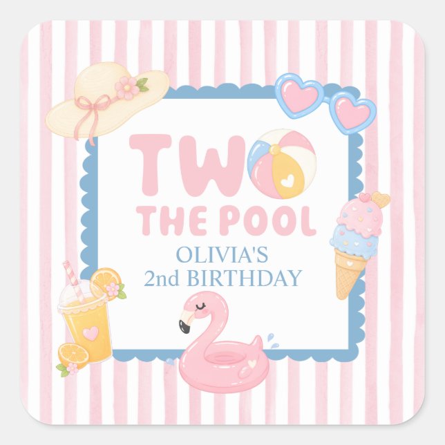 Two the Pool summer pool party 2nd birthday Square Sticker (Front)