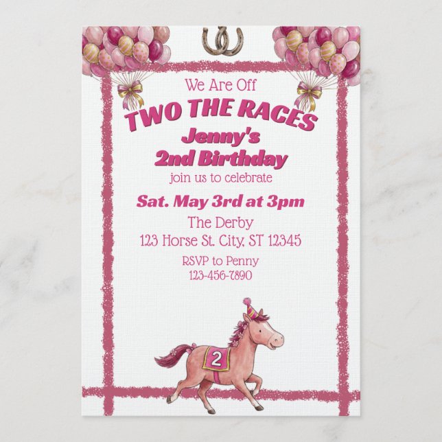 Two The Races, Pink Horse 2nd Birthday Invitation (Front)
