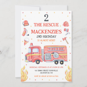Two The Rescue Firetruck 2nd Birthday Invitation