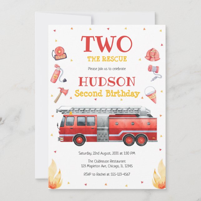 Two the Rescue Firetruck 2nd Birthday Invitation (Front)