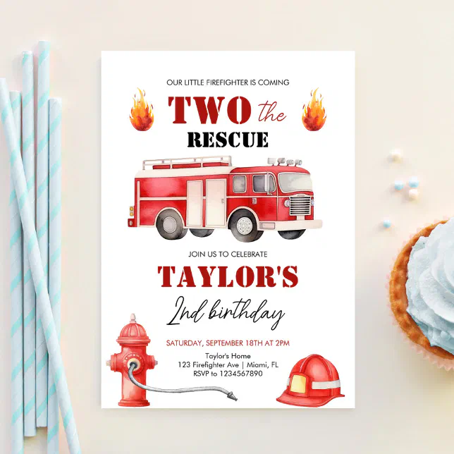 Two The Rescue Backdrop TWO The Rescue Firetruck Boys 2nd Birthday Invitation | Zazzle
