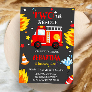 Two the Rescue Firetruck Firefighter 2nd Birthday Invitation