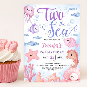 TWO The Sea! 2nd Birthday Baby Girl Cute Ocean Invitation