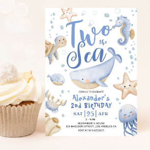 TWO The Sea 2nd Birthday Boy Blue Cute Ocean Invitation