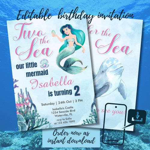 Two the Sea Blue Mermaid Girls 2nd birthday Invitation