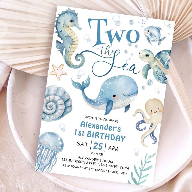 Two The Sea Boy Ocean 2nd Birthday Blue Cute Invitation (Creator Uploaded)