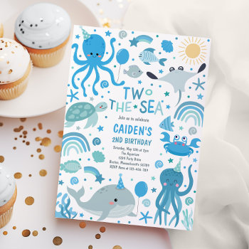 Two The Sea Cute Sea Creatures 2nd Birthday Party Invitation by PixelPerfectionParty at Zazzle