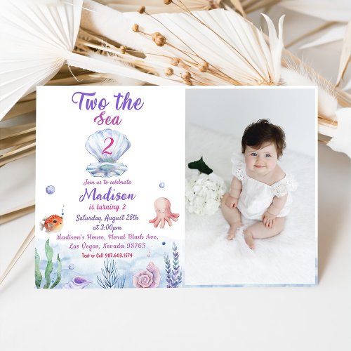 Two The Sea Mermaid 2nd Birthday Party Photo Invitation