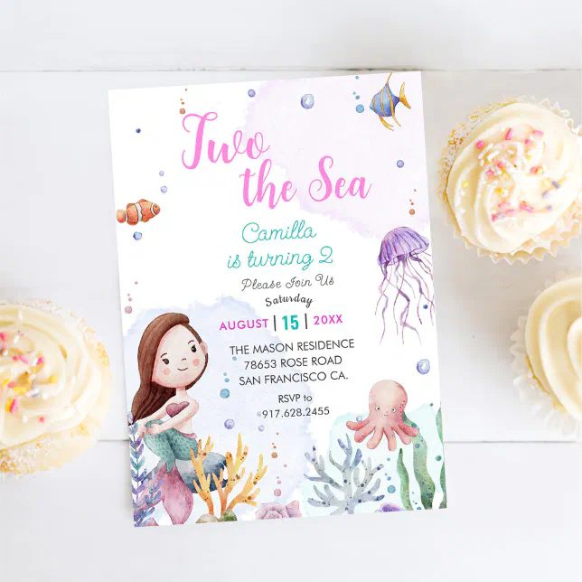 Two The Sea Mermaid Girl 2nd Birthday Party Invitation | Zazzle