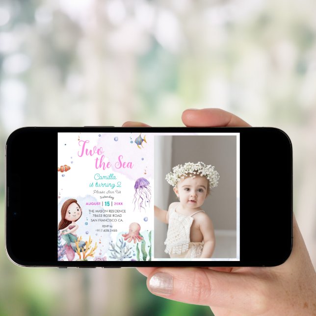Two The Sea Mermaid Girl 2nd Birthday Photo Invitation (Front Digital)