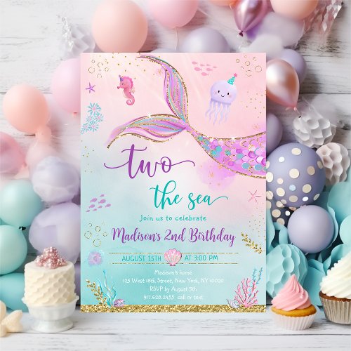 Two the Sea Mermaid Pink Purple 2nd Birthday Invitation