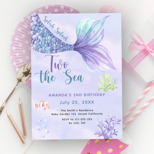 Two the Sea Mermaid Pink Purple 2nd Birthday Invitation