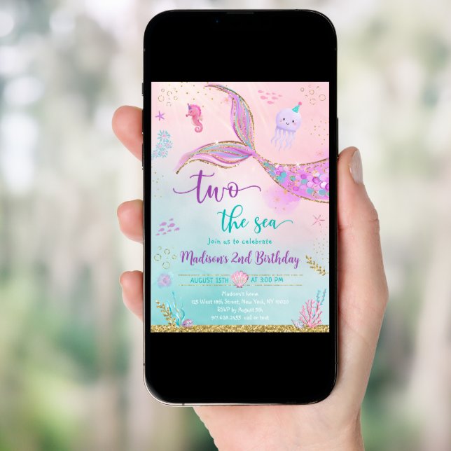 Two the Sea Mermaid Pink Purple 2nd Birthday Invitation (Front Digital)
