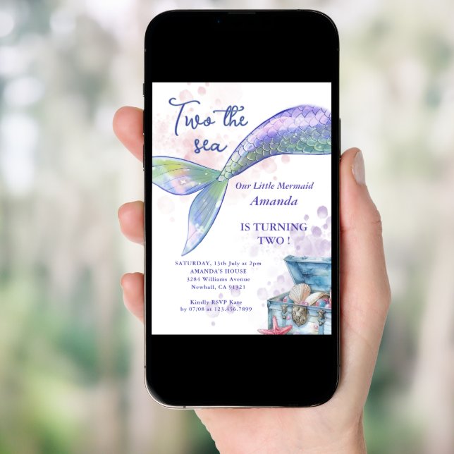 Two The Sea Mermaid Tail 2nd Birthday Party  Invitation (Front Digital)