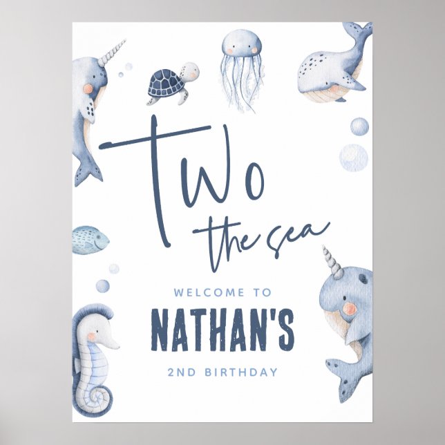 Two The Sea Ocean 2nd Birthday Party Poster Sign (Front)