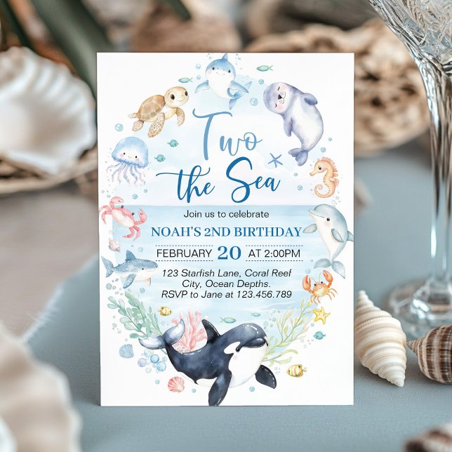 Two the Sea Ocean Animals Kids Birthday Invitation (Creator Uploaded)