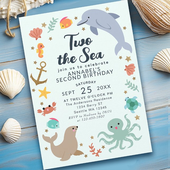 Two the Sea Ocean Animals Kids Second Birthday Invitation (Creator Uploaded)