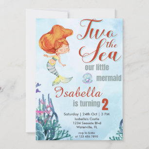 Two the Sea Orang Mermaid Girls 2nd birthday Invitation